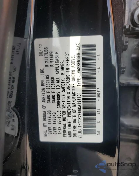2012 Honda Accord Se from USA, damaged, VIN 1HGCP2F66CA194131
